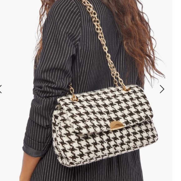 JustFab Handbags - JUSTFAB 'It's My Way Shoulder Bag' Black and White Tweed Purse Gold Details